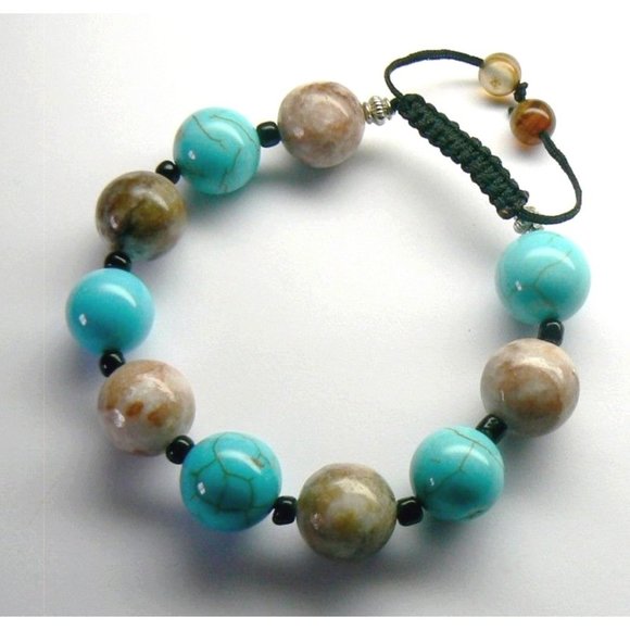 TURQUOISE & Jasper Beaded BRACELET Adjustable - Picture 2 of 3